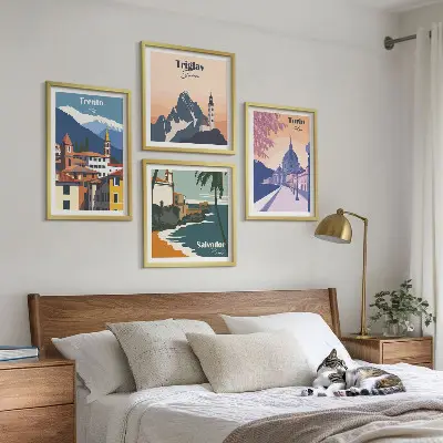 Illustraties van retro-architectuur in de bergen meerluik in lijst