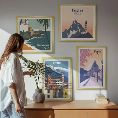 Illustraties van retro-architectuur in de bergen meerluik in lijst