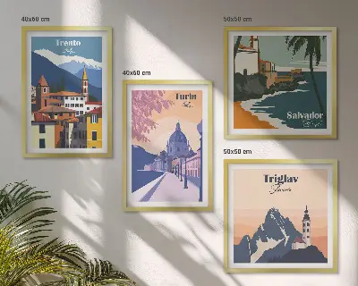 Illustraties van retro-architectuur in de bergen meerluik in lijst