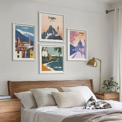 Illustraties van retro-architectuur in de bergen meerluik in lijst