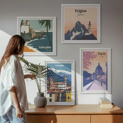Illustraties van retro-architectuur in de bergen meerluik in lijst