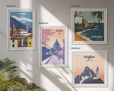 Illustraties van retro-architectuur in de bergen meerluik in lijst