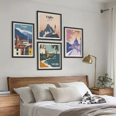 Illustraties van retro-architectuur in de bergen meerluik in lijst
