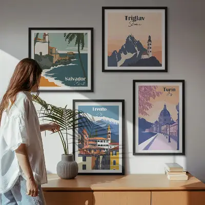 Illustraties van retro-architectuur in de bergen meerluik in lijst