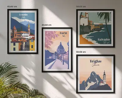 Illustraties van retro-architectuur in de bergen meerluik in lijst