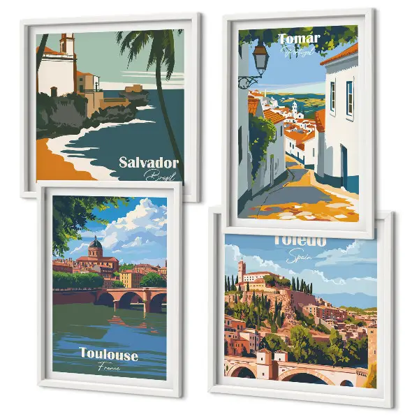 Retro stadsafbeeldingen set van posters met lijst