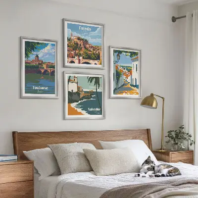 Retro stadsafbeeldingen set van posters met lijst