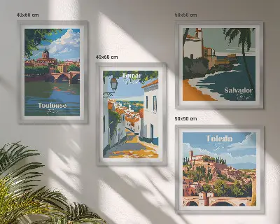 Retro stadsafbeeldingen set van posters met lijst