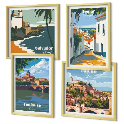 Retro stadsafbeeldingen set van posters met lijst