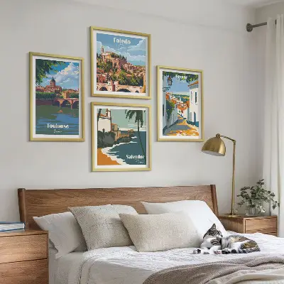 Retro stadsafbeeldingen set van posters met lijst