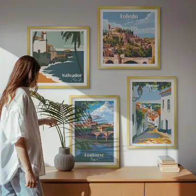 Retro stadsafbeeldingen set van posters met lijst