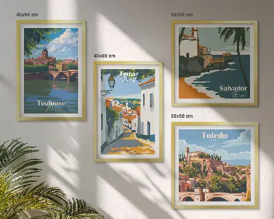 Retro stadsafbeeldingen set van posters met lijst