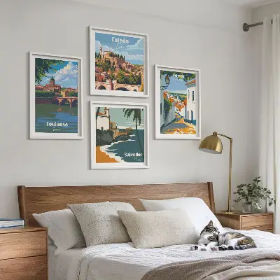 Retro stadsafbeeldingen set van posters met lijst