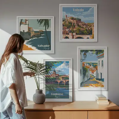 Retro stadsafbeeldingen set van posters met lijst