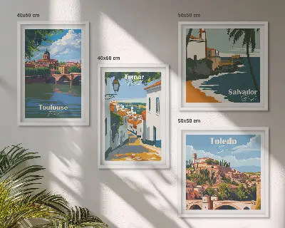Retro stadsafbeeldingen set van posters met lijst