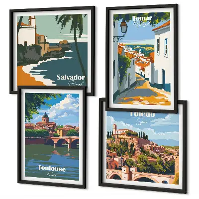 Retro stadsafbeeldingen set van posters met lijst