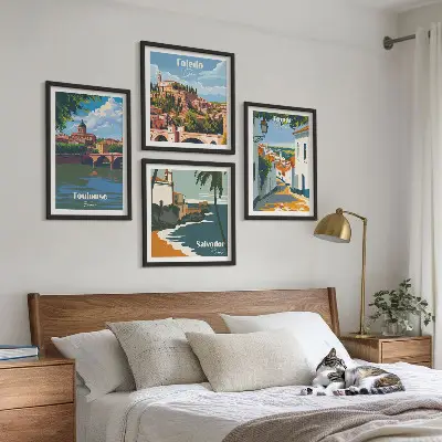 Retro stadsafbeeldingen set van posters met lijst