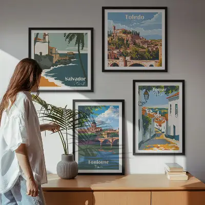 Retro stadsafbeeldingen set van posters met lijst