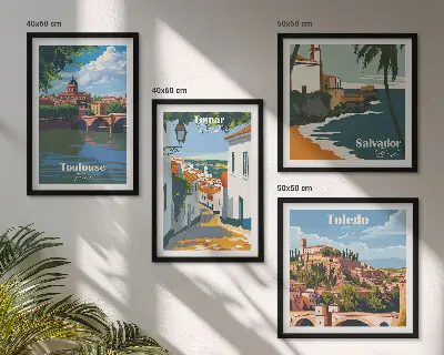 Retro stadsafbeeldingen set van posters met lijst
