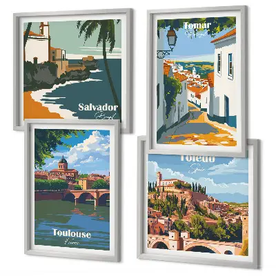 Retro stadsafbeeldingen set van posters met lijst