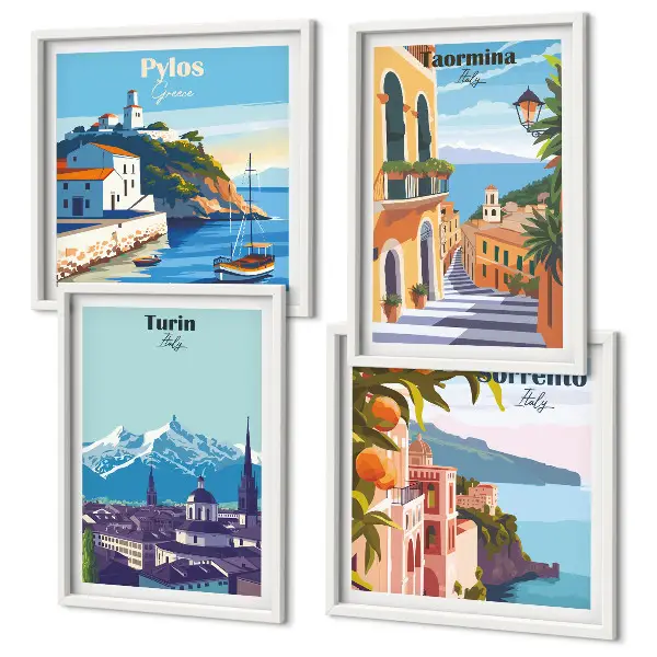 Kleurrijke illustraties van steden in retrostijl meerluik in lijst
