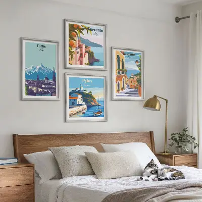 Kleurrijke illustraties van steden in retrostijl meerluik in lijst