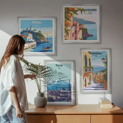 Kleurrijke illustraties van steden in retrostijl meerluik in lijst