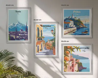 Kleurrijke illustraties van steden in retrostijl meerluik in lijst