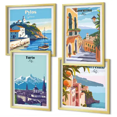 Kleurrijke illustraties van steden in retrostijl meerluik in lijst