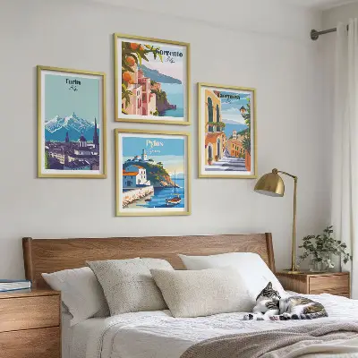 Kleurrijke illustraties van steden in retrostijl meerluik in lijst