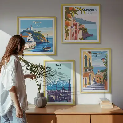 Kleurrijke illustraties van steden in retrostijl meerluik in lijst