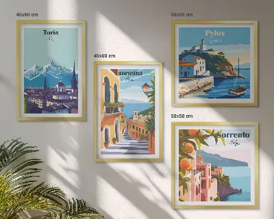 Kleurrijke illustraties van steden in retrostijl meerluik in lijst