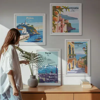 Kleurrijke illustraties van steden in retrostijl meerluik in lijst