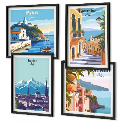 Kleurrijke illustraties van steden in retrostijl meerluik in lijst