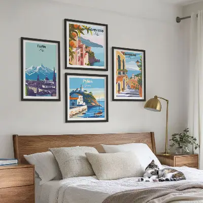 Kleurrijke illustraties van steden in retrostijl meerluik in lijst