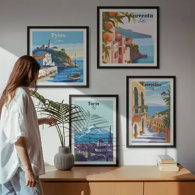 Kleurrijke illustraties van steden in retrostijl meerluik in lijst