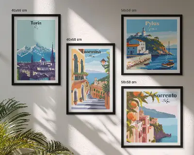 Kleurrijke illustraties van steden in retrostijl meerluik in lijst