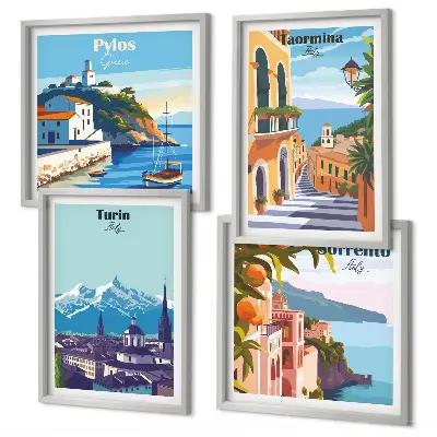 Kleurrijke illustraties van steden in retrostijl meerluik in lijst
