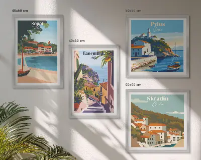 Illustraties van kustplaatsen meerluik in lijst