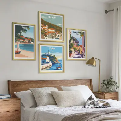Illustraties van kustplaatsen meerluik in lijst