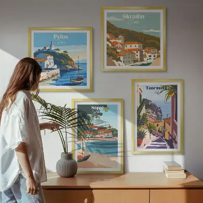 Illustraties van kustplaatsen meerluik in lijst