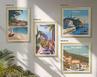 Illustraties van kustplaatsen meerluik in lijst