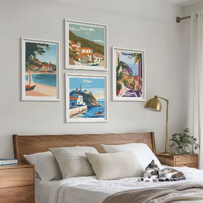 Illustraties van kustplaatsen meerluik in lijst