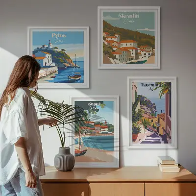 Illustraties van kustplaatsen meerluik in lijst