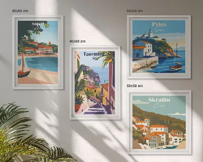 Illustraties van kustplaatsen meerluik in lijst