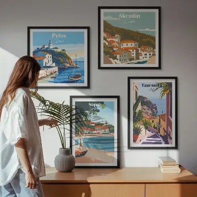 Illustraties van kustplaatsen meerluik in lijst