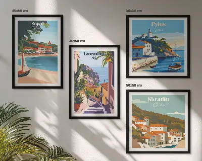 Illustraties van kustplaatsen meerluik in lijst