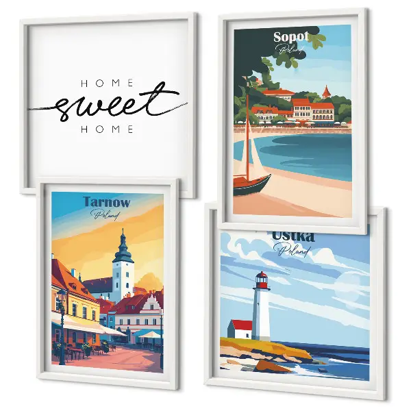 Set posters met lijst met Poolse steden Ustka, Tarnów en Sopot