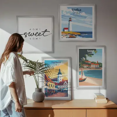 Set posters met lijst met Poolse steden Ustka, Tarnów en Sopot