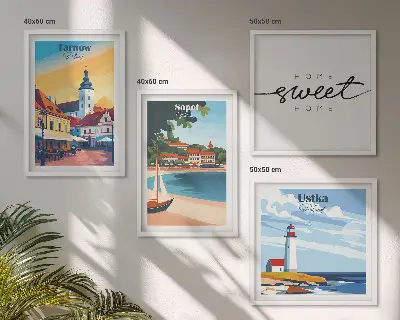 Set posters met lijst met Poolse steden Ustka, Tarnów en Sopot